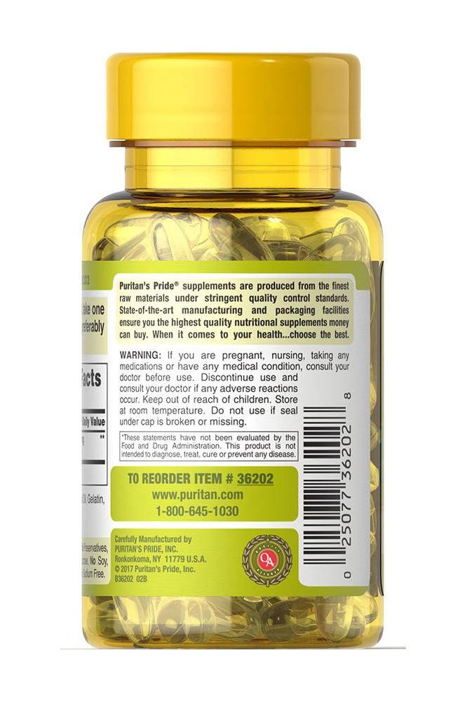 Puritan's Pride Natural Astaxanthin 5 mg softgels in a yellow bottle with dosage and warning information.
