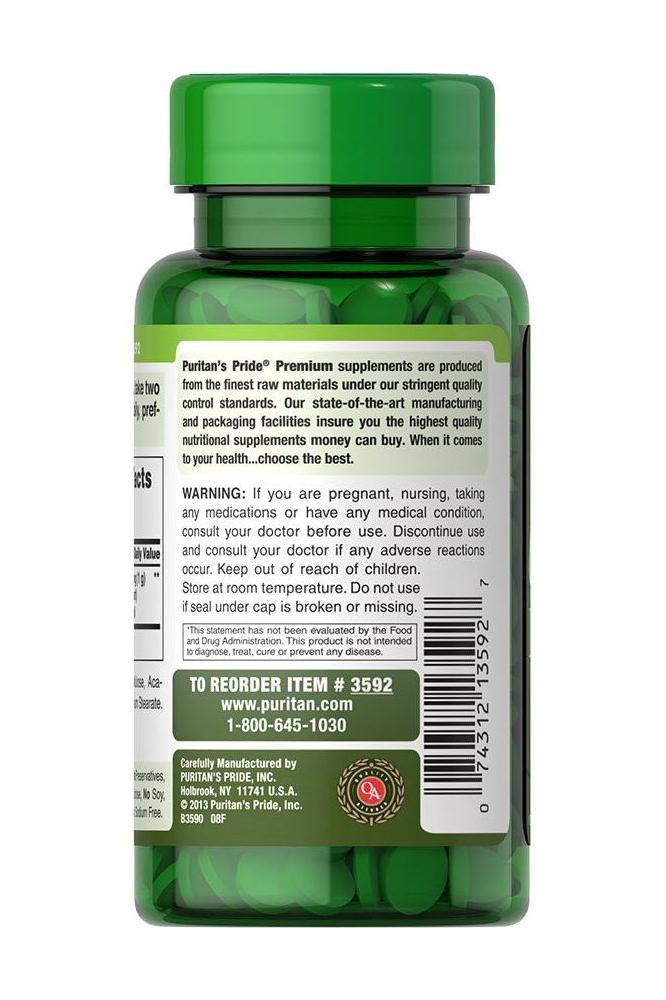 Puritan's Pride Natural Chlorella 500 mg tablets bottle with supplement information and packaging details.