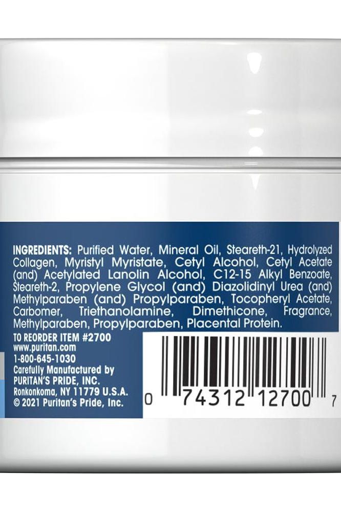 Ingredients list for Puritan's Pride Natural Collagen and Placenta Night Creme, highlighting nourishing components.
