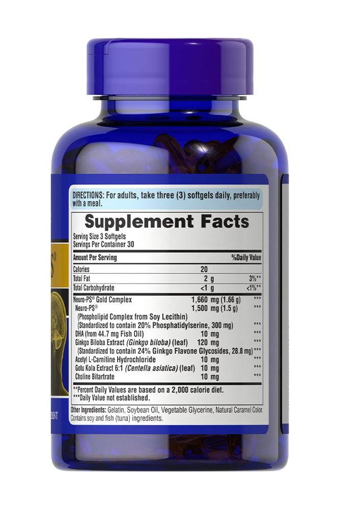 Puritan's Pride Neuro-PS Gold softgel bottle showing supplement facts and ingredients for brain health support.