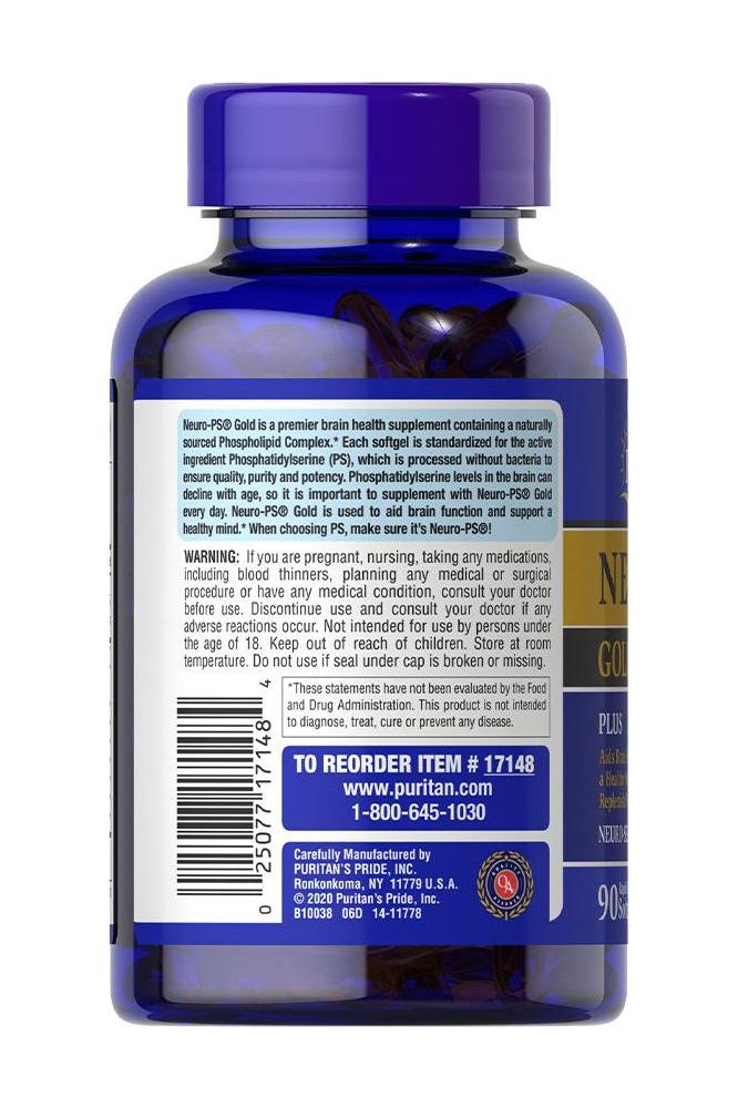 Neuro-PS Gold softgel bottle back view, highlighting brain health supplement ingredients and usage instructions.