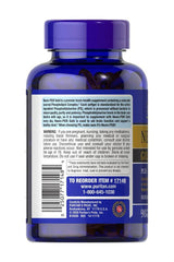 Neuro-PS Gold softgel bottle back view, highlighting brain health supplement ingredients and usage instructions.