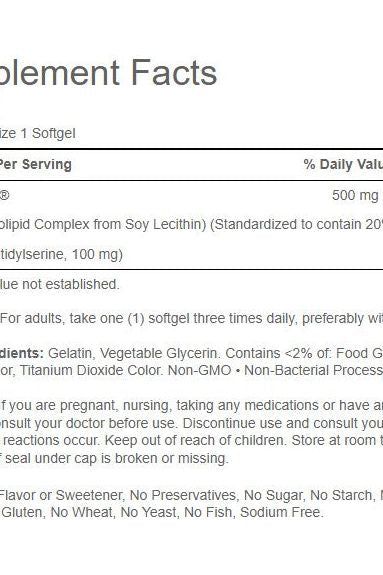 Supplement facts for Puritan's Pride Neuro-PS (Phosphatidylserine) softgel, 100 mg, detailing ingredients and usage.