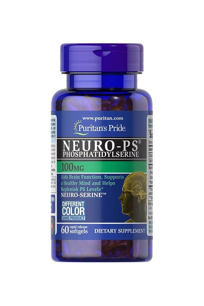 Puritan's Pride Neuro-PS Phosphatidylserine 100mg softgels for brain function support in blue bottle.