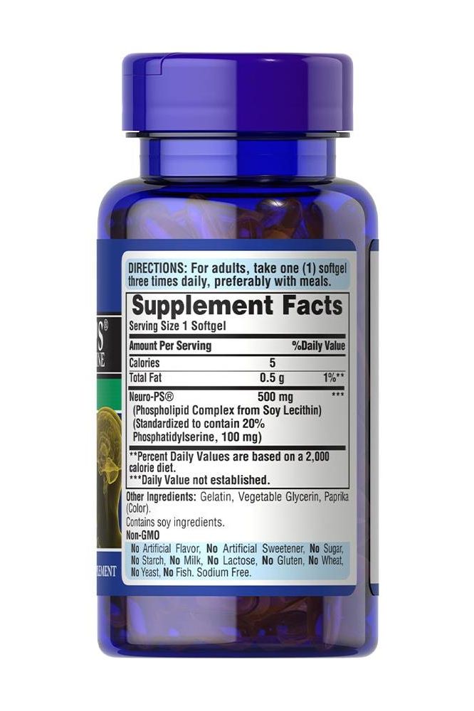 Puritan's Pride Neuro-PS supplement bottle with dosage instructions and nutritional information on label.