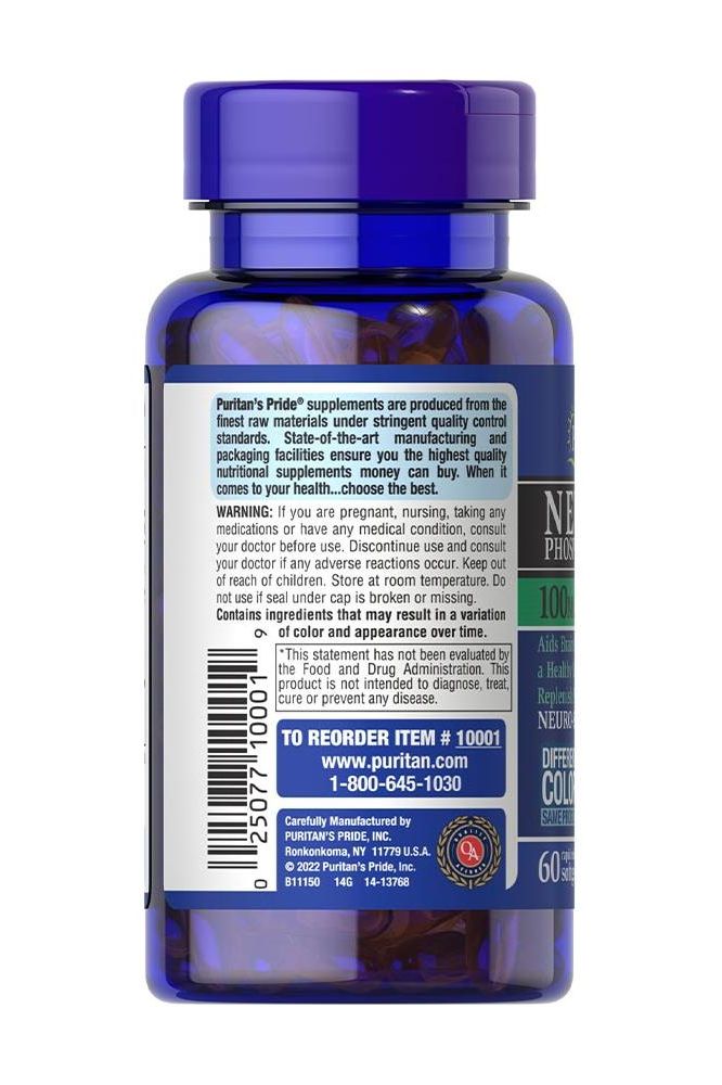 Puritan's Pride Neuro-PS Phosphatidylserine supplement bottle 100 mg, 60 softgels for improved brain function.