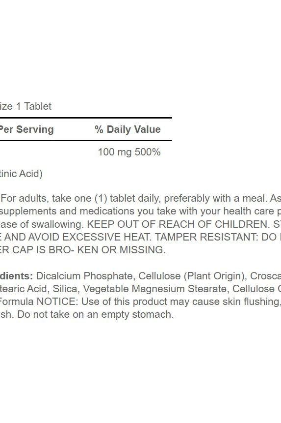Supplement facts for Puritan's Pride Niacin 100 mg tablets, including dosage and ingredient details.