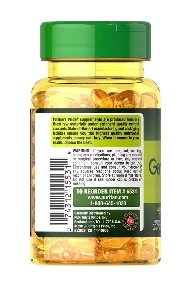 Puritan's Pride Odorless Garlic 1000 MG softgel bottle showcasing its antioxidant and heart health benefits.