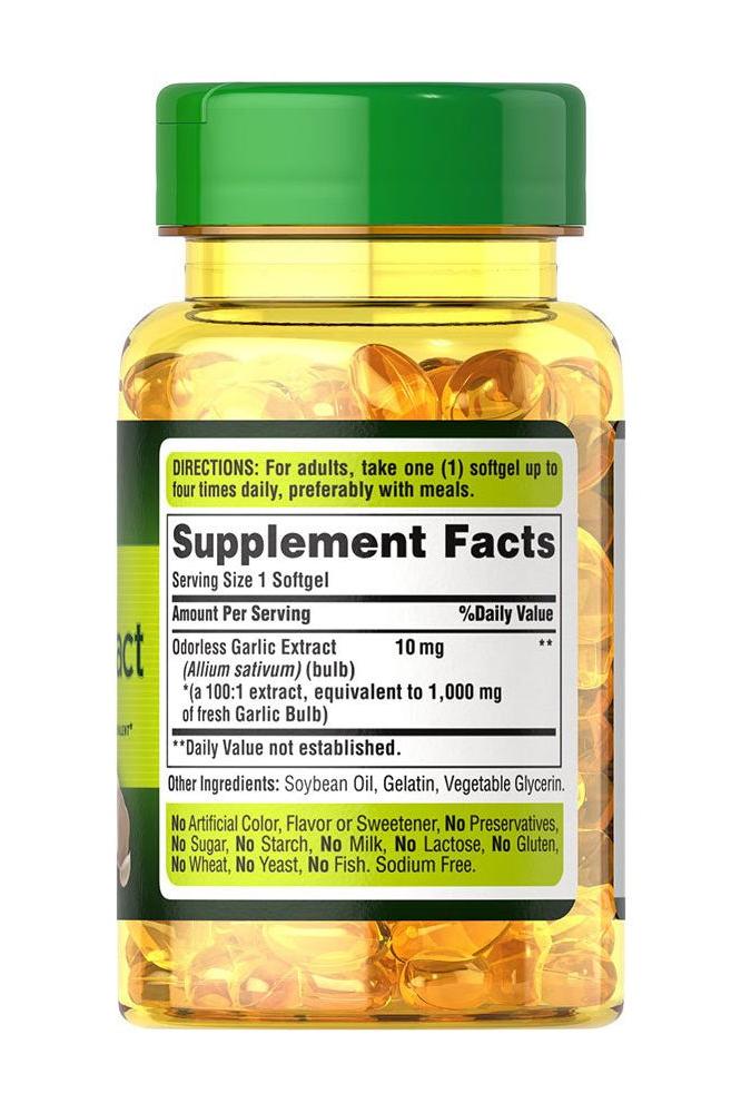 Puritan's Pride Odorless Garlic 1000 MG softgels bottle with supplement facts and transparent capsules.