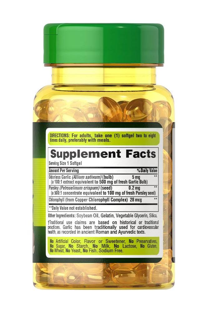 Puritan's Pride Odorless Garlic & Parsley softgels in a green bottle with supplement facts label
