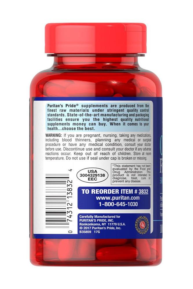 Puritan's Pride Omega-3 Fish Oil bottle with supplement information and dosage details.