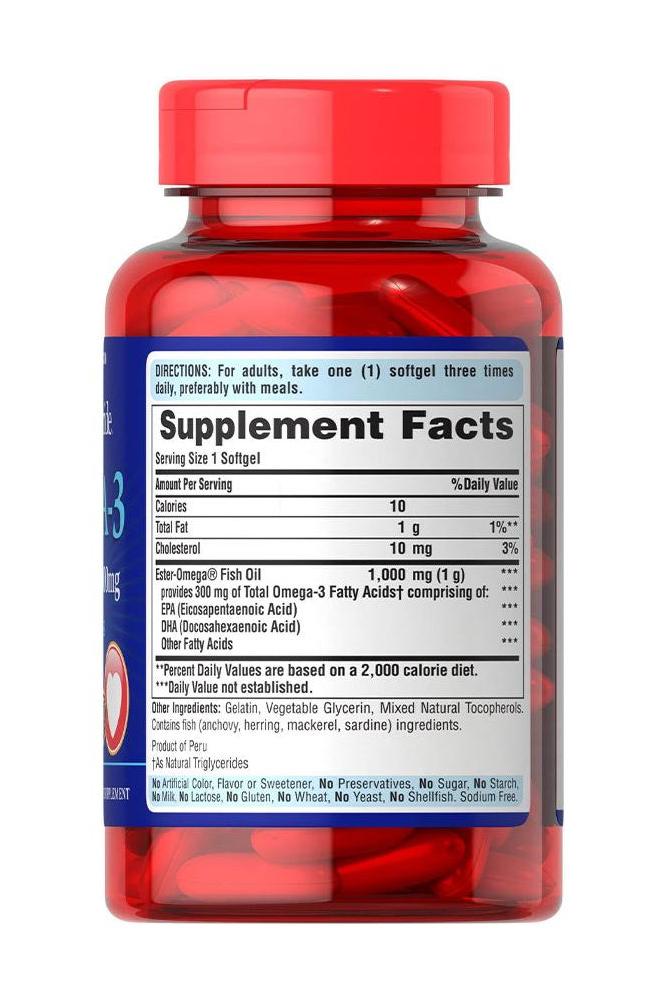 Puritan's Pride Omega-3 Fish Oil 1000 mg supplement bottle with softgels and nutritional information.