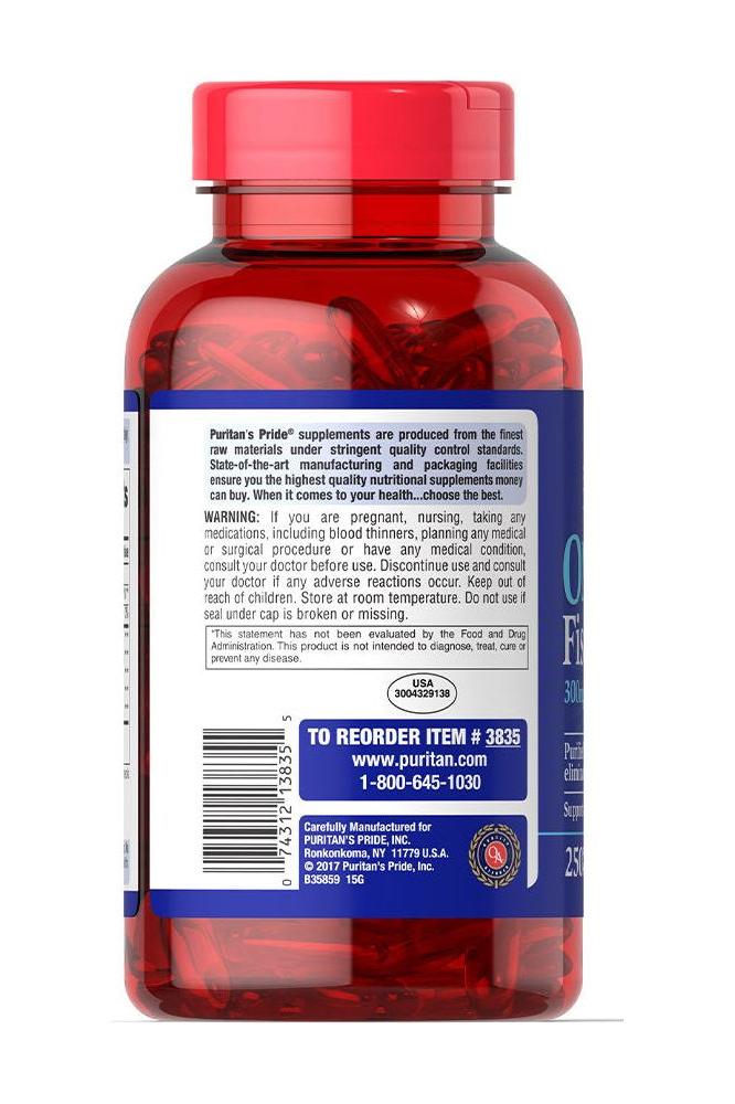 Puritan's Pride Omega-3 Fish Oil 1000 mg supplement bottle with label and dosage information.