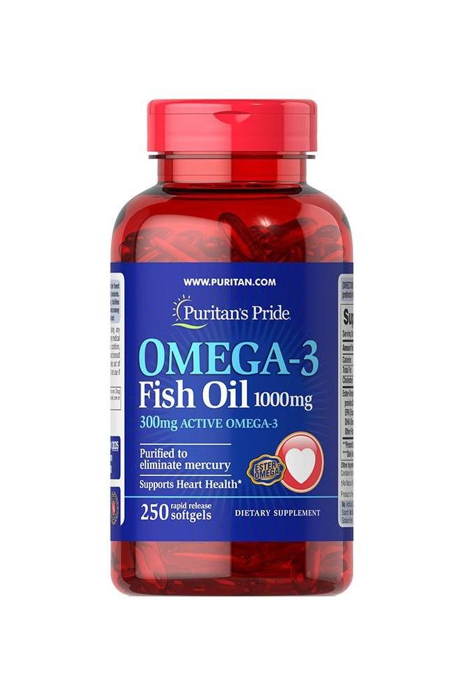 Puritan's Pride Omega-3 Fish Oil 1000 mg bottle, supports heart health and joint health, 250 softgels.