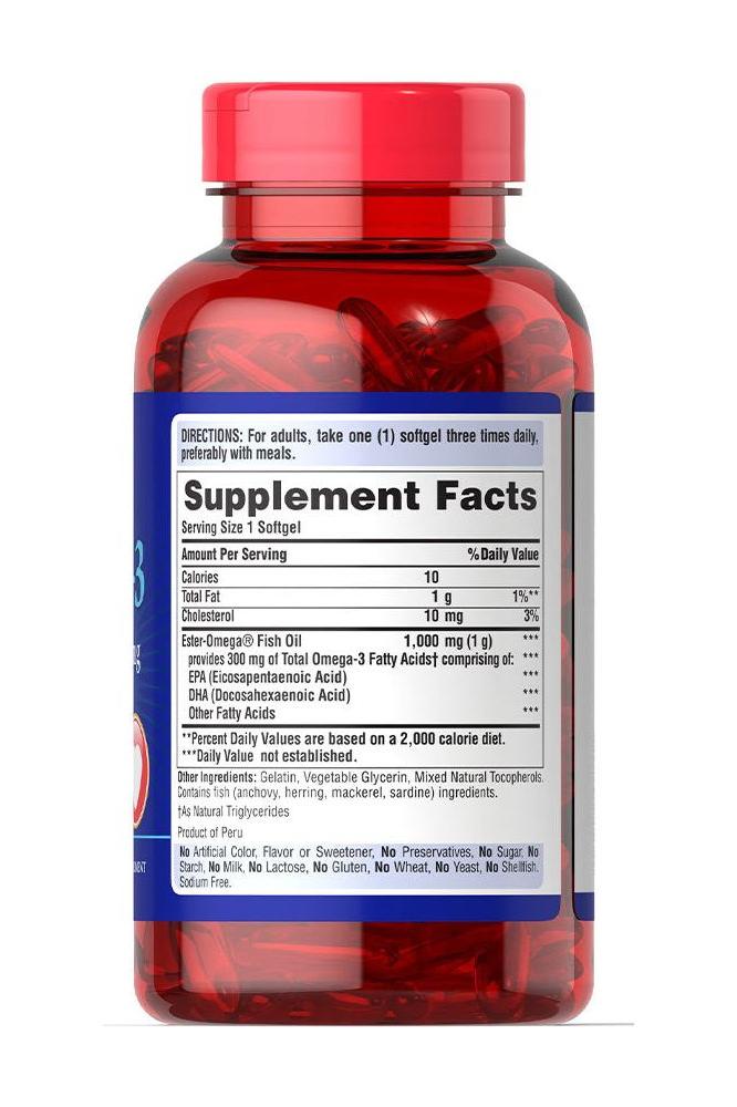 Puritan's Pride Omega-3 Fish Oil 1000 mg softgel bottle with supplement facts label and red capsules.