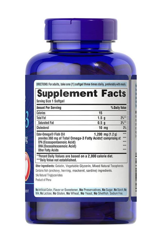 Puritan's Pride Omega-3 Fish Oil 1200MG supplement facts label highlighting omega-3 benefits.