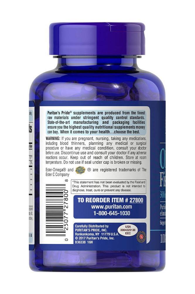 Puritan's Pride Omega-3 Fish Oil supplement bottle, 100 softgels, focusing on product benefits and quality assurances.