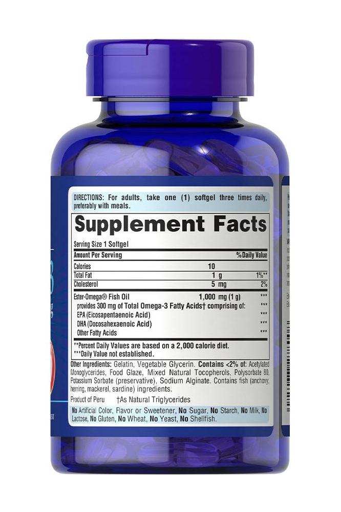 Supplement facts label of Puritan's Pride Omega-3 Fish Oil 1000 mg softgels, highlighting active ingredients.