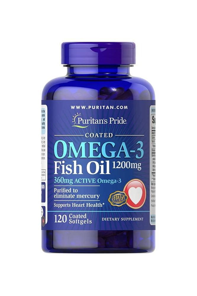 Puritan's Pride Omega-3 Fish Oil 1200mg with 360mg Active Omega-3 in blue bottle, 120 softgels for heart health.