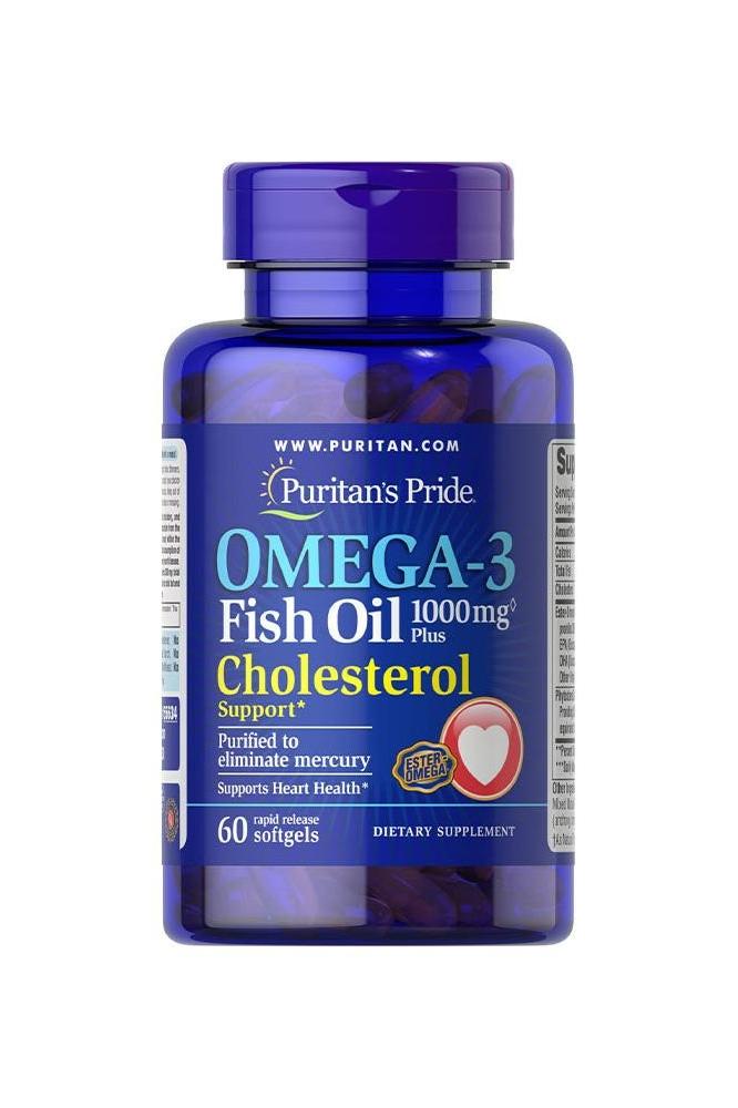 Puritan's Pride Omega-3 Fish Oil 1000mg with cholesterol support, 60 softgels bottle for heart health.