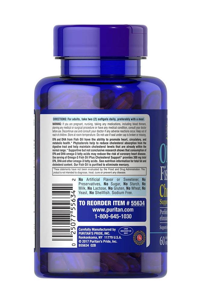 Puritan's Pride Omega-3 Fish Oil Plus Cholesterol Support 60 Softgels - Back label and dosage instructions