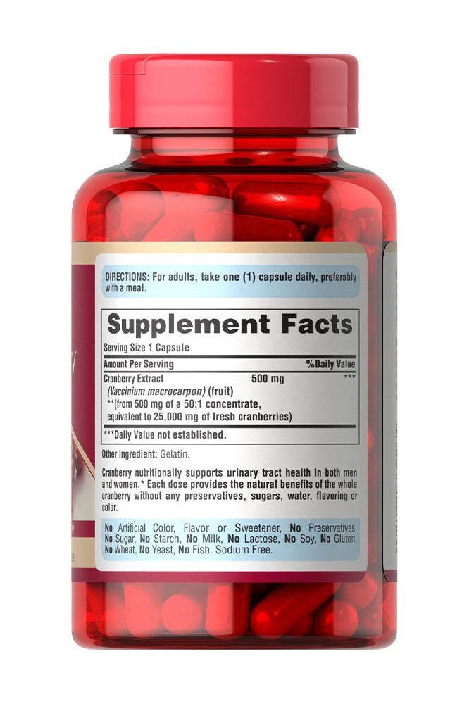 Puritan's Pride One A Day Cranberry 120 Caplets supplement facts and capsule bottle.