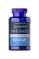 Puritan's Pride One Daily Men's Multivitamin bottle with 100 caplets, supports male reproductive health and overall wellness.