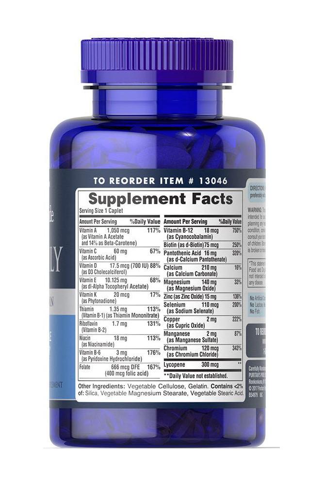 Puritan's Pride One Daily Men's Multivitamin 100 caplets supplement facts label on blue bottle.