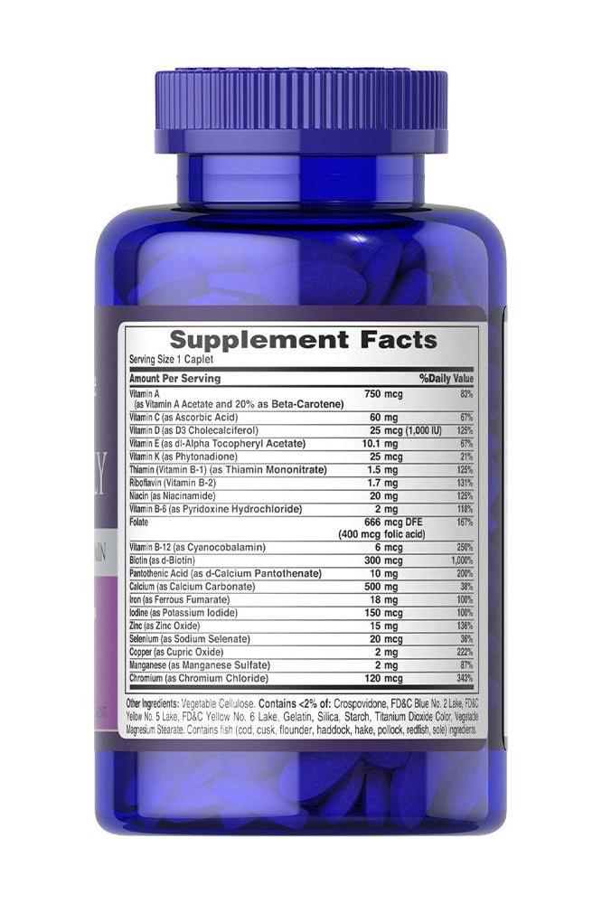 Puritan's Pride One Daily Women's Multivitamin supplement facts label showing vitamins and minerals in a blue bottle.