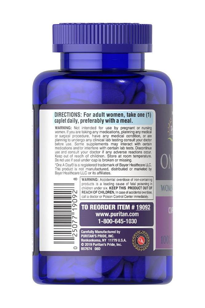 Puritan's Pride One Daily Women's Multivitamin bottle with 100 caplets and supplement facts on label.
