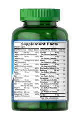 Puritan's Pride One Multivitamins Timed Release supplement facts on green bottle with labeled ingredients and nutrition details.