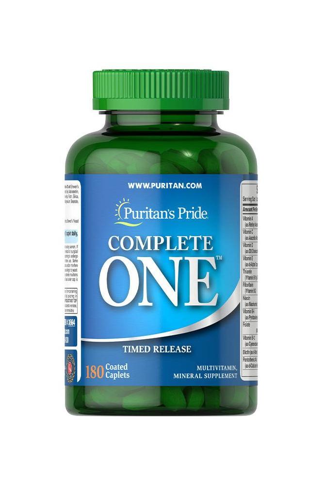 Puritan's Pride Complete One Timed Release multivitamins bottle with 180 caplets for essential nutrients.