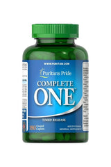 Puritan's Pride Complete One Timed Release multivitamins bottle with 180 caplets for essential nutrients.