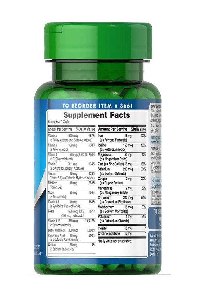 Puritan's Pride One Multivitamins Timed Release 60 Caplets supplement facts and ingredients label on a green bottle.
