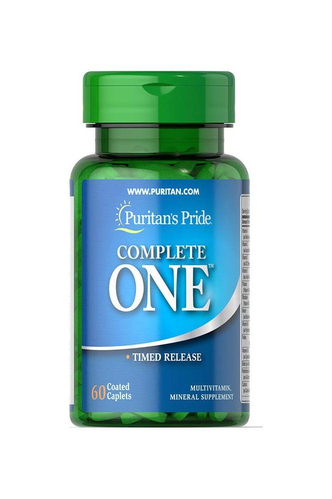 Puritan's Pride Complete One Timed Release multivitamin caplets, 60 count bottle, essential nutrients for daily health.
