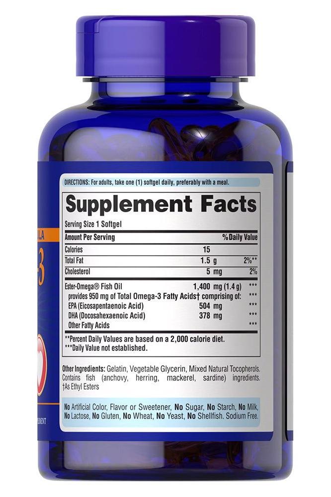 Puritan's Pride Omega-3 Fish Oil softgel bottle with supplement facts label, 1360 mg, 950 mg active omega-3.