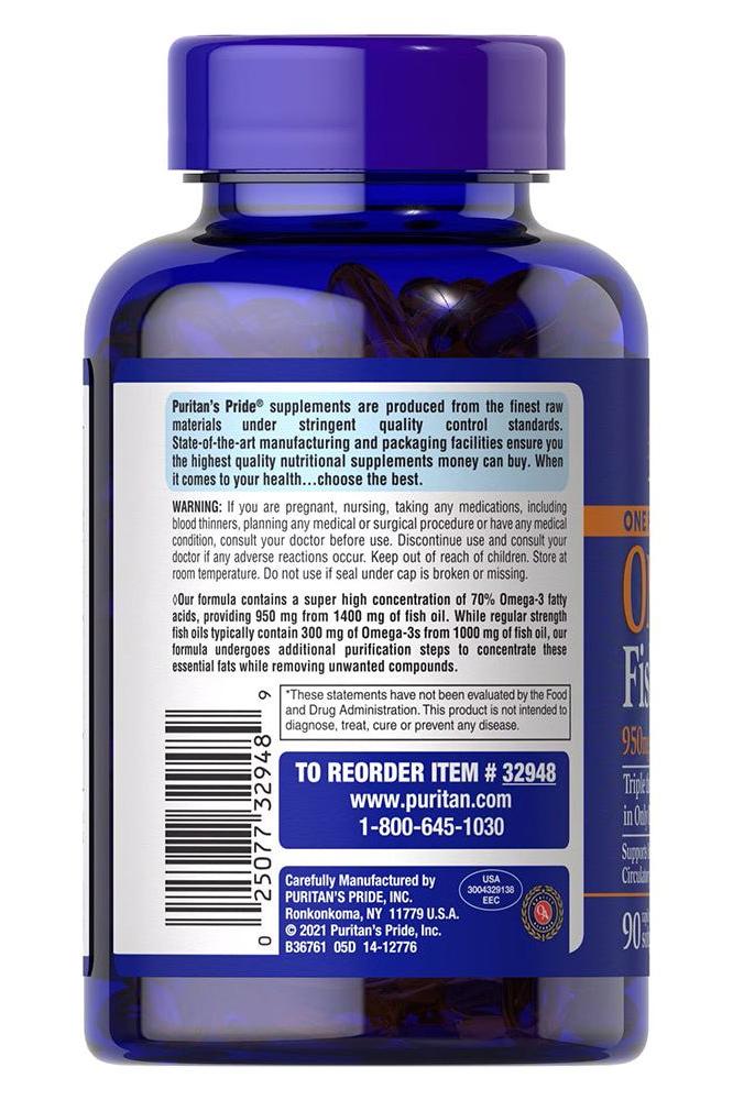 Puritan's Pride One Per Day Omega-3 Fish Oil softgel bottle, 1360 mg, supports heart health and joint wellness.