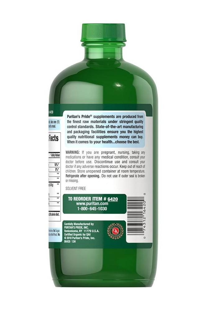 Puritan's Pride Organic Flaxseed Oil 473 ml bottle with supplement facts and usage instructions.