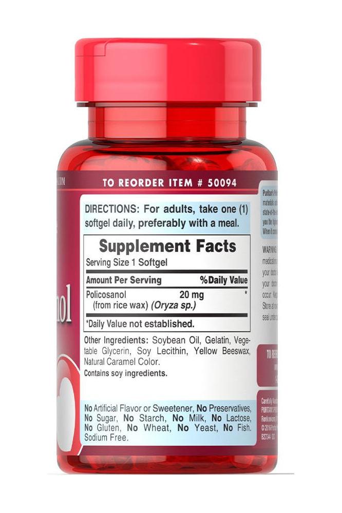 Puritan's Pride Policosanol 20 mg Softgels bottle with supplement facts and directions for use.