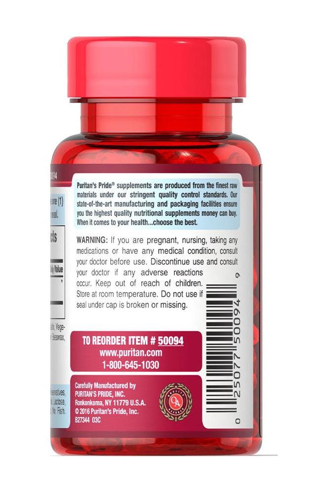 Puritan's Pride Policosanol 20 mg softgel bottle with back label and dosage instructions.