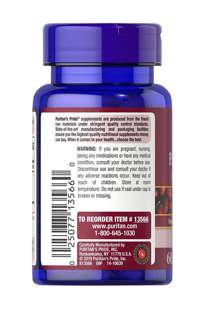 Puritan's Pride Pomegranate Extract 250 mg supplement bottle with label and instructions on the back.