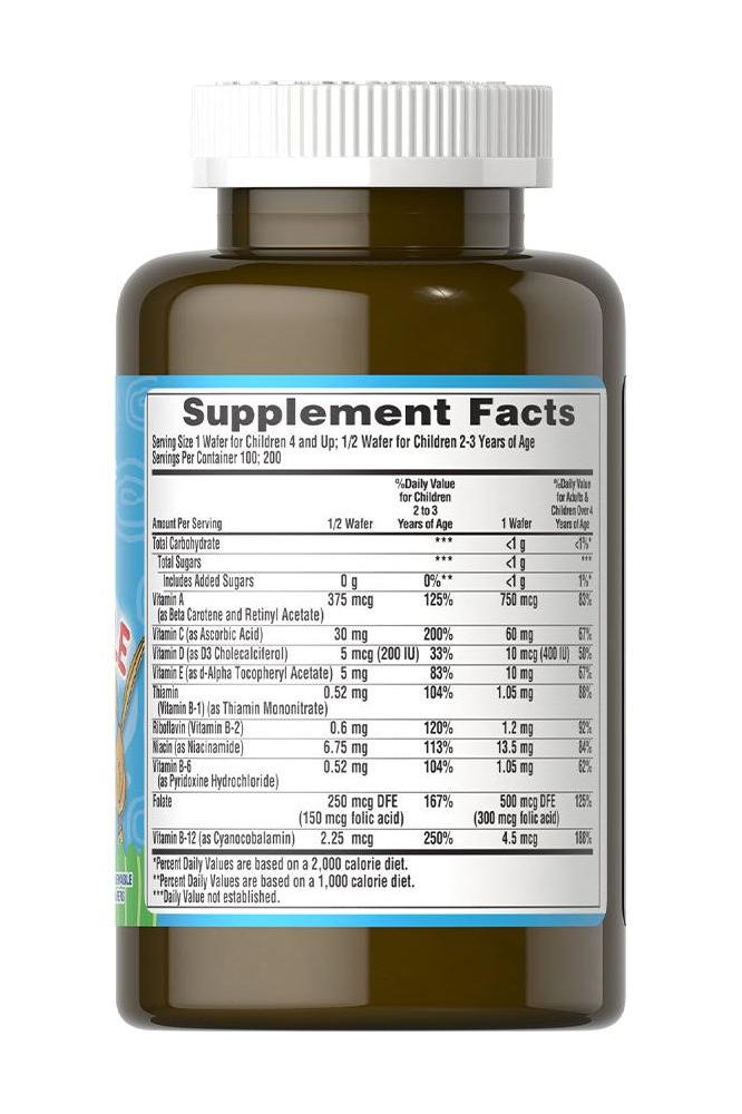 Supplement facts for Puritan's Pride Pre-Vites Children's Multivitamins in a brown bottle.