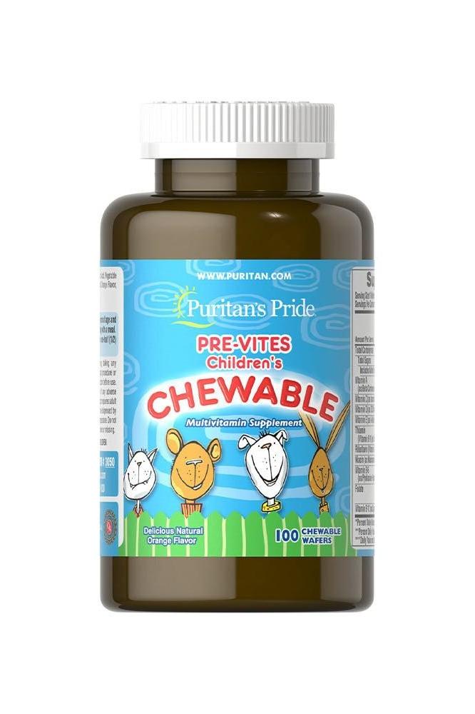 Puritan's Pride Pre-Vites Children's Multivitamin chewable supplement bottle with orange flavor.