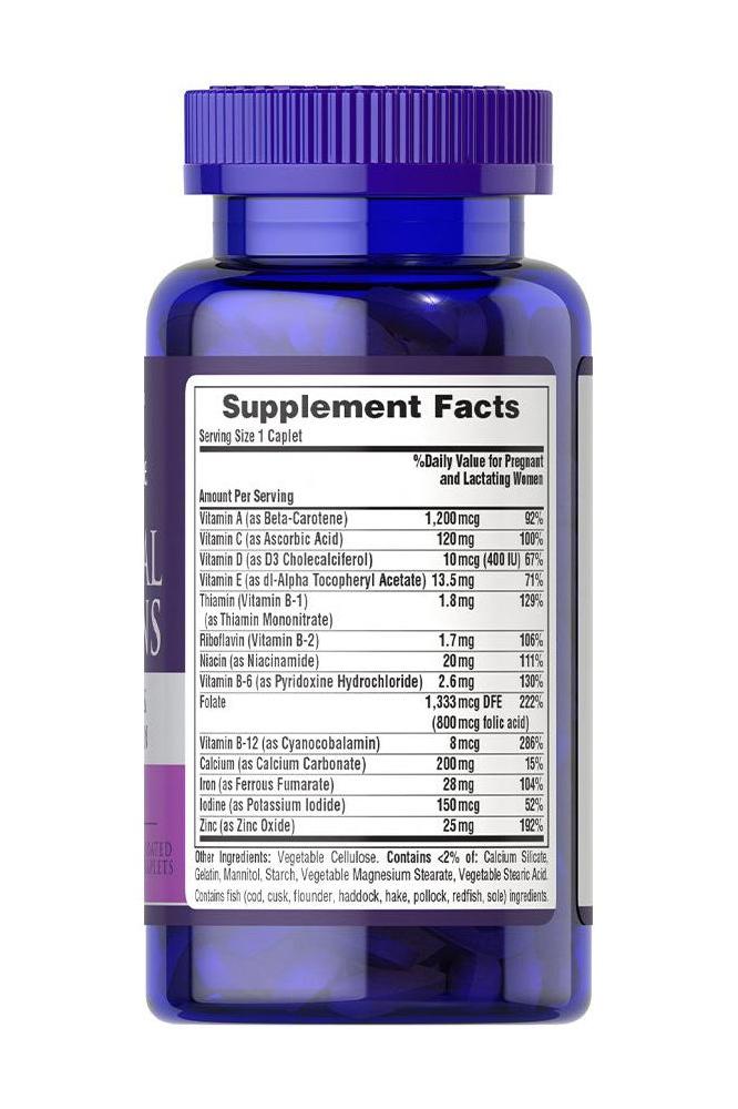 Puritan's Pride prenatal vitamins supplement facts label showing key nutrients and dosage information.