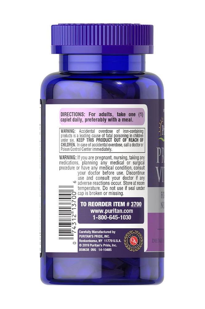 Puritan's Pride Prenatal Vitamins bottle with directions and warnings on the label, 100 coated caplets.
