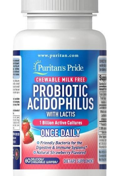 Puritan's Pride Probiotic Acidophilus, chewable dietary supplement for digestive health, natural strawberry flavor.
