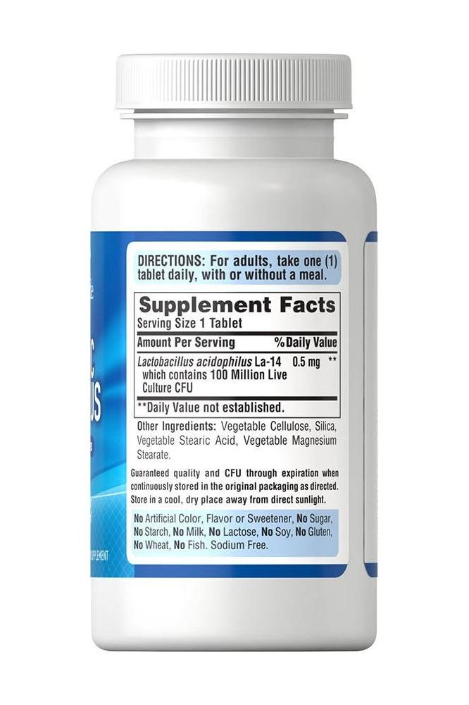 Puritan's Pride Probiotic Acidophilus supplement bottle with supplement facts and dosage directions.
