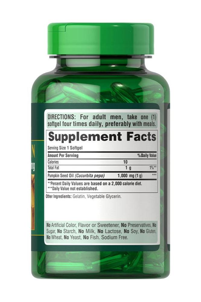 Puritan's Pride Pumpkin Seed Oil softgel bottle with supplement facts and dosage instructions.