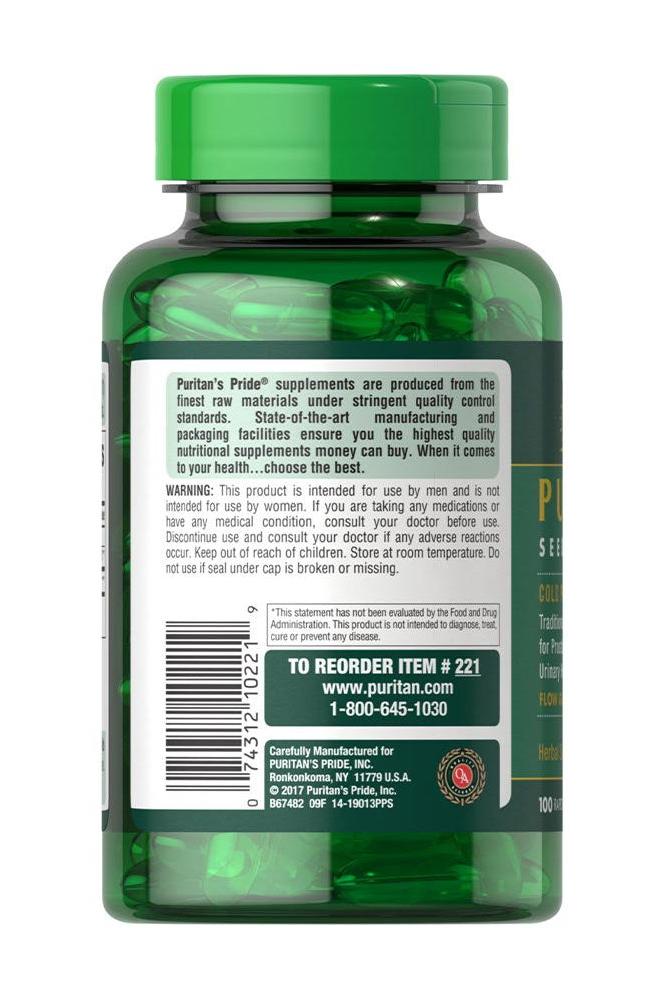 Puritan's Pride Pumpkin Seed Oil 1000 mg softgel bottle, back view with product details and reorder information.