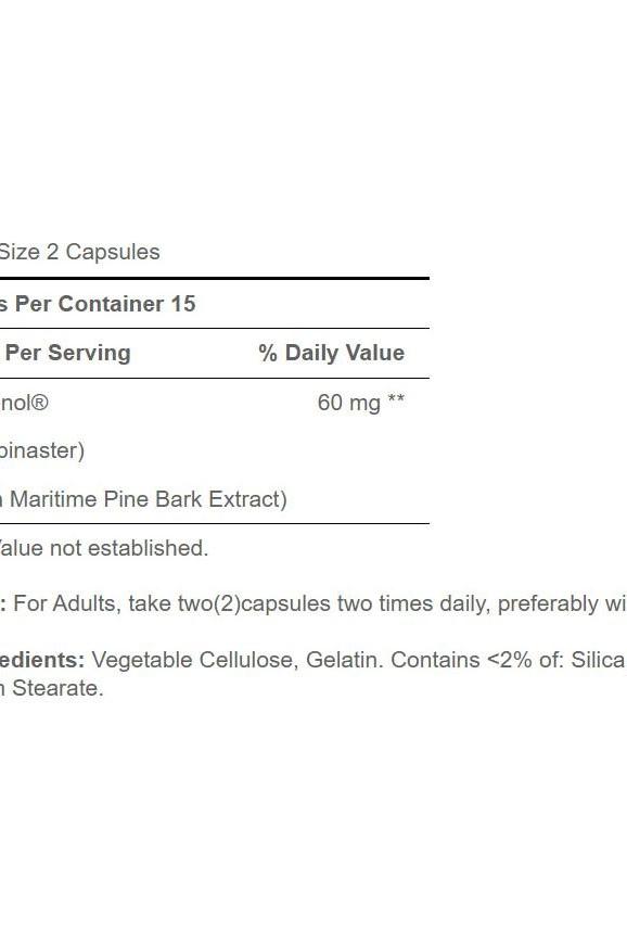 Nutrition label for Puritan's Pride Pycnogenol capsules, detailing serving size, ingredients, and daily values.